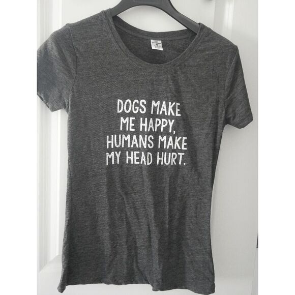 CherryLoom Heather Charcoal Graphic Tee S - Dogs Make Me Happy Funny Shirt - Picture 2 of 7